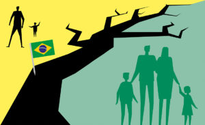 Kuvassa on railo tai puu jonka toisella puolella hyvinvoiva perhe ja toisella puolella yksinäiset hahmot. Lisäksi Brasilian lippu.