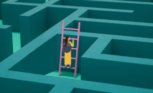 Kuvassa henkilö on kiivennyt tikapuille keskellä labyrinttia, jossa joka puolella nousee seinä vastaan.