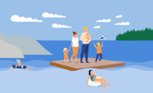 Kuvassa on järvimasemassa lautta, jolla kolmilapsinen perhe, yhdellä lapsella on Suomen lippu kädessä. Vedessä lautan ulkopuolella kelluu harmaahiuksinen henkilö ja henkilö vauva sylissä.