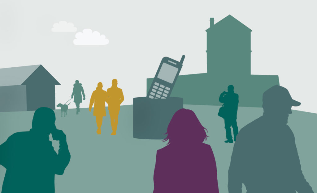 Piirroskuva, jossa kaupungin torilla kävelee ihmisiä, Keskellä toria jalustalla on suuri matkapuhelinpatsas.
