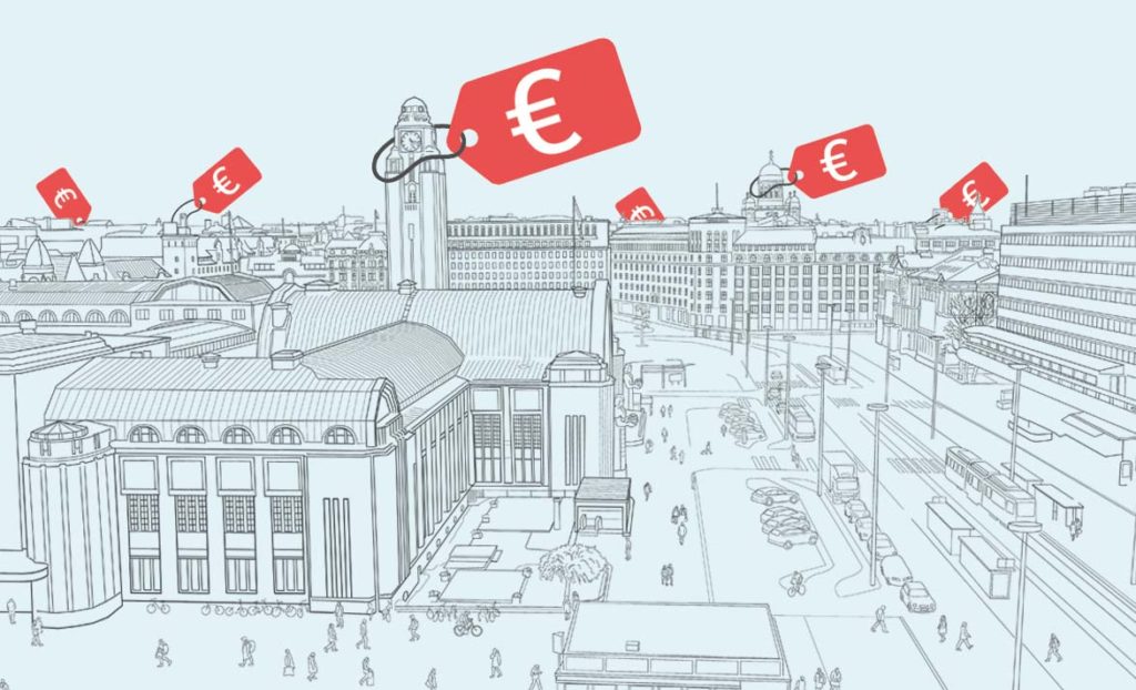 Helsingin kaupunngin piirretty siluetti, jonka maamerkkeihin on ripustettu isoja hintalappuja. Hintalkapuissa pelkkä euron merkki.