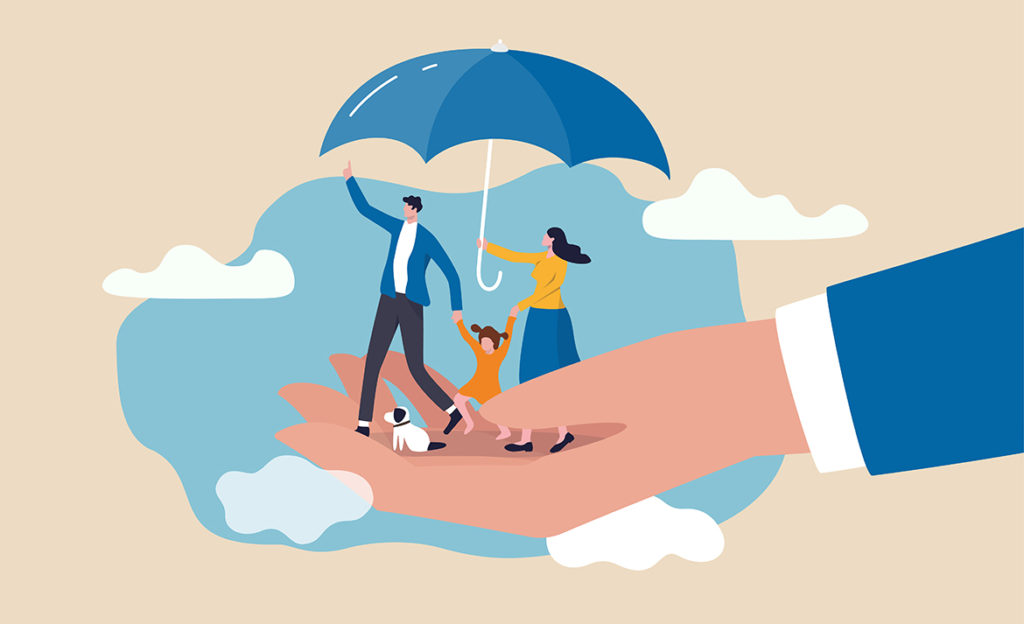Mies, nainen, pieni lapsi ja koira yhteisen sateenvarjon alla suurella kämmenellä, joka kannattelee heitä.